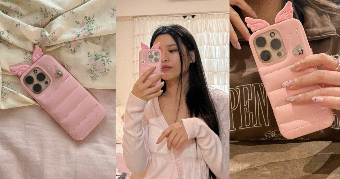 A collage showing the Urban Sophistication Angel in Piggy phone case with its signature pink wings and a mirror selfie.