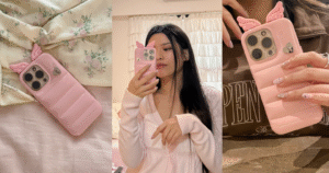 A collage showing the Urban Sophistication Angel in Piggy phone case with its signature pink wings and a mirror selfie.