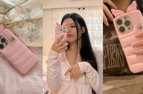 A collage showing the Urban Sophistication Angel in Piggy phone case with its signature pink wings and a mirror selfie.