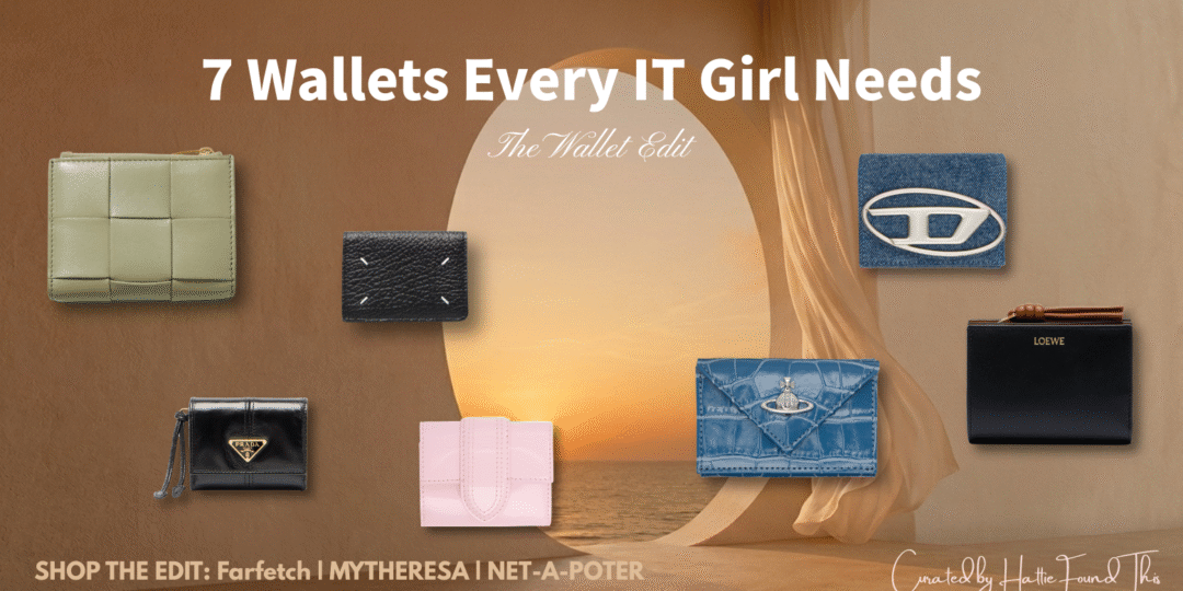 A curated selection of 7 luxury designer wallets for women, featuring Bottega Veneta, Prada, Loewe, and Vivienne Westwood, styled against a sunset beach background.
