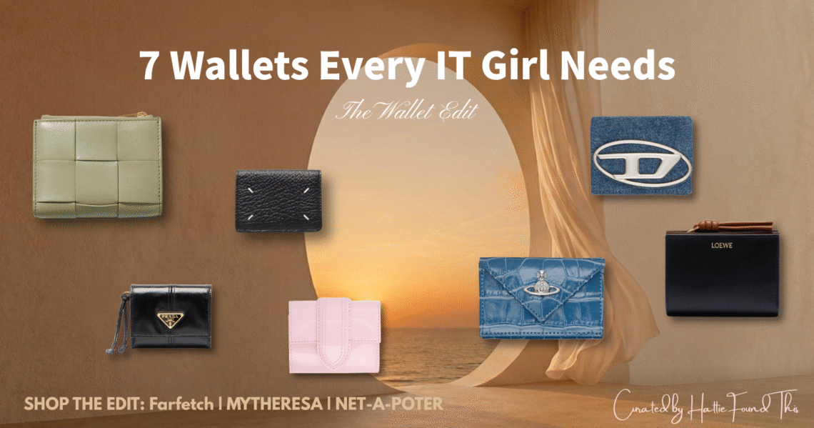 A curated selection of 7 luxury designer wallets for women, featuring Bottega Veneta, Prada, Loewe, and Vivienne Westwood, styled against a sunset beach background.