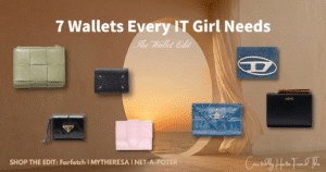 A curated selection of 7 luxury designer wallets for women, featuring Bottega Veneta, Prada, Loewe, and Vivienne Westwood, styled against a sunset beach background.