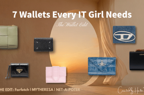A curated selection of 7 luxury designer wallets for women, featuring Bottega Veneta, Prada, Loewe, and Vivienne Westwood, styled against a sunset beach background.