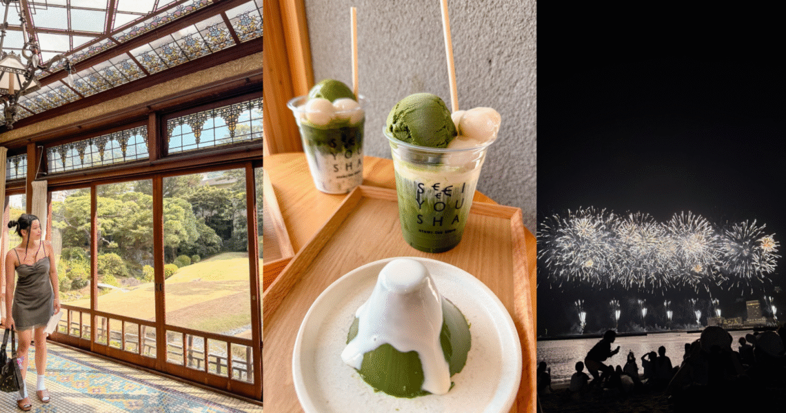 A collage of Atami day trip highlights including Kiunkaku villa, a Mt Fuji matcha pudding from Atami Aobasha, and spectacular beach fireworks at night.