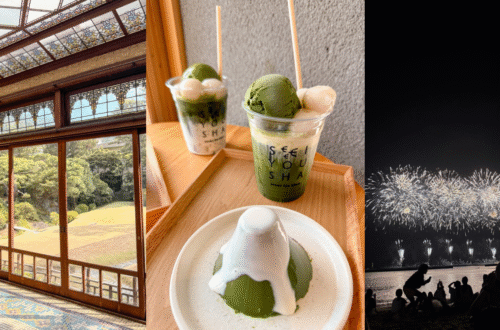 A collage of Atami day trip highlights including Kiunkaku villa, a Mt Fuji matcha pudding from Atami Aobasha, and spectacular beach fireworks at night.