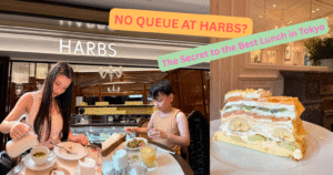 A collage featuring Hattie enjoying matcha, the Harbs storefront at Azabudai Hills, and a close-up of their signature fruit mille-crepe. Tips on how to skip the line for lunch.