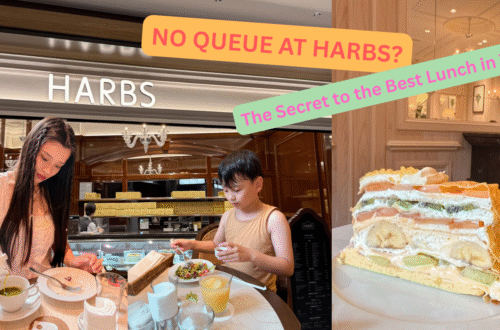 A collage featuring Hattie enjoying matcha, the Harbs storefront at Azabudai Hills, and a close-up of their signature fruit mille-crepe. Tips on how to skip the line for lunch.