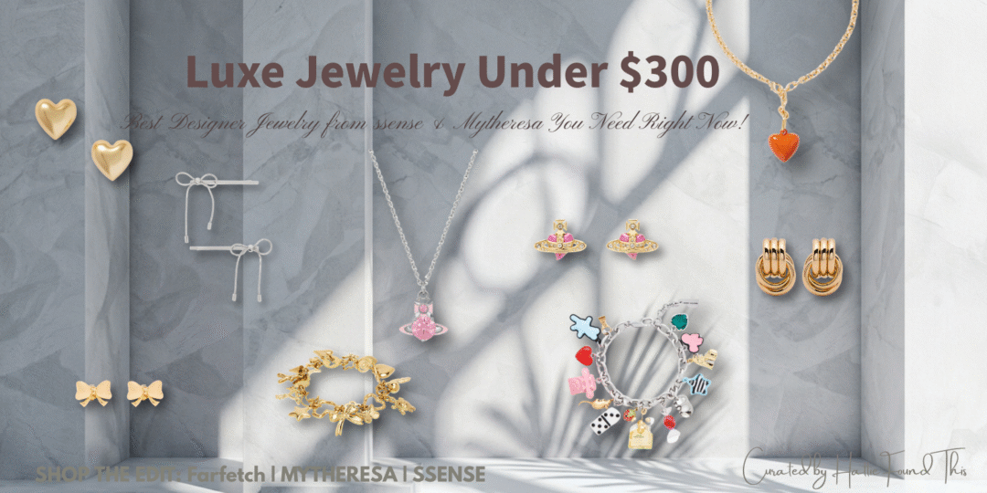 A flat-lay curation of must-have designer jewelry for 2026, featuring silver bow earrings by Marland Bucks, a gold butterfly and heart chain bracelet, a silver Vivienne Westwood Saturn orb necklace with pink crystals, Roxanne Assoulin red heart pendant, Heaven Mayhem interlocking gold earrings, a mixed metal and pearl drop earring, and a complex Marc Jacobs charm bracelet. Background is a light grey marble wall with tropical leaf shadows.