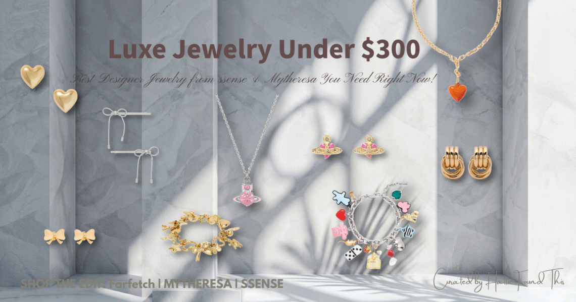 A flat-lay curation of must-have designer jewelry for 2026, featuring silver bow earrings by Marland Bucks, a gold butterfly and heart chain bracelet, a silver Vivienne Westwood Saturn orb necklace with pink crystals, Roxanne Assoulin red heart pendant, Heaven Mayhem interlocking gold earrings, a mixed metal and pearl drop earring, and a complex Marc Jacobs charm bracelet. Background is a light grey marble wall with tropical leaf shadows.