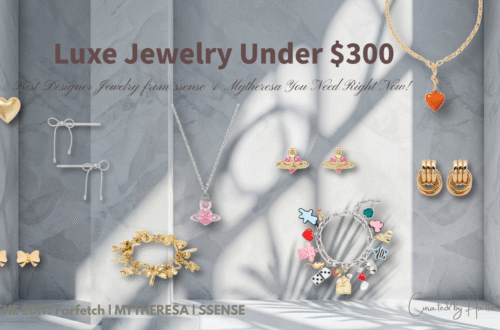 A flat-lay curation of must-have designer jewelry for 2026, featuring silver bow earrings by Marland Bucks, a gold butterfly and heart chain bracelet, a silver Vivienne Westwood Saturn orb necklace with pink crystals, Roxanne Assoulin red heart pendant, Heaven Mayhem interlocking gold earrings, a mixed metal and pearl drop earring, and a complex Marc Jacobs charm bracelet. Background is a light grey marble wall with tropical leaf shadows.