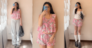 How To Style Cute UO Pajamas In Public? 3 Summer Looks! 🎀🐱 一件粉色貓咪睡衣的三種夏日一衣多穿風格對比圖