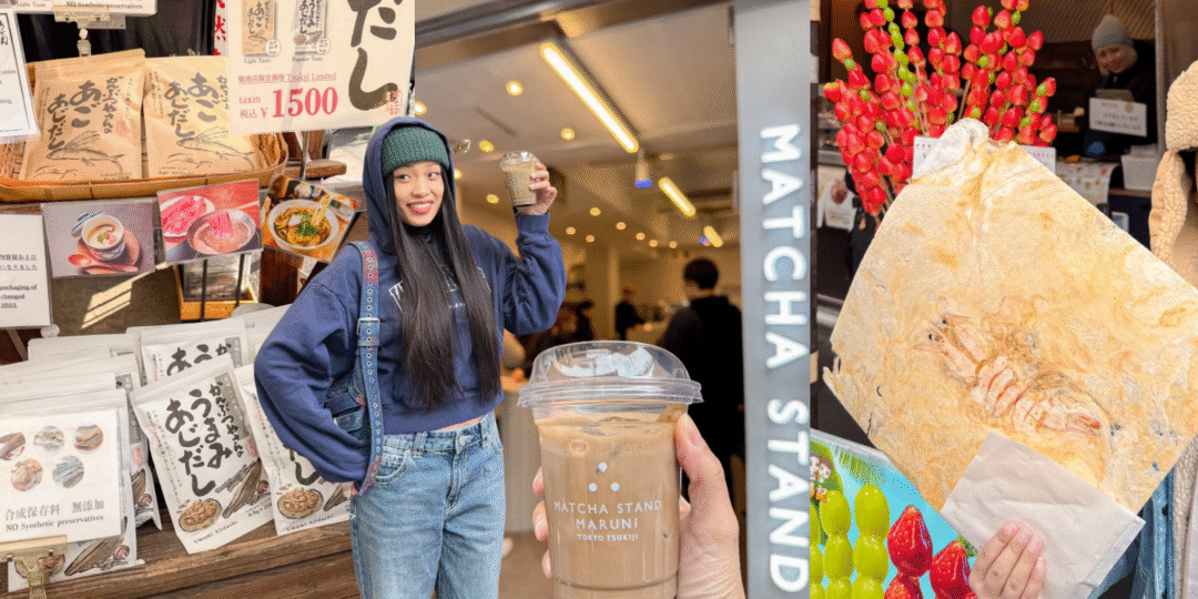 築地市場隱藏版美食地圖：Hattie 在 Matcha Stand Maruni 手拿培茶拿鐵，左側是築地限定飛魚高湯包攤位，右側則是比臉還大的現壓鮮蝦仙貝，展示除了海鮮丼以外的築地必吃必買推薦。