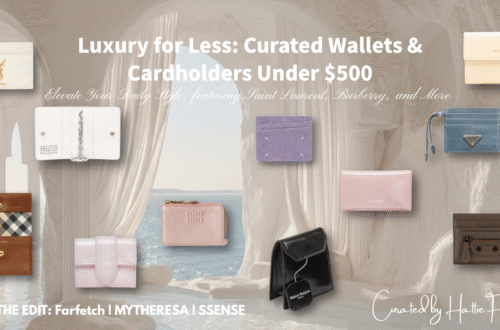 A dreamy collage of luxury designer wallets and cardholders under $500, featuring brands like YSL, Miu Miu, and Burberry set against a romantic arched window background.