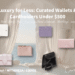 A dreamy collage of luxury designer wallets and cardholders under $500, featuring brands like YSL, Miu Miu, and Burberry set against a romantic arched window background.