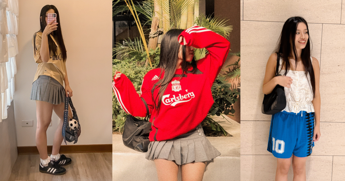 Hattie的三套世界盃球衣穿搭展示，包含復古金黃色足球衣配灰色百褶裙、利物浦紅色復古大學T，以及白色宮廷風蕾絲背心搭配阿根廷藍色男版球褲的Blokette甜酷風格。