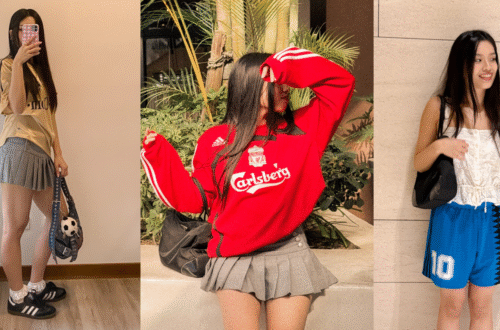 Hattie的三套世界盃球衣穿搭展示，包含復古金黃色足球衣配灰色百褶裙、利物浦紅色復古大學T，以及白色宮廷風蕾絲背心搭配阿根廷藍色男版球褲的Blokette甜酷風格。