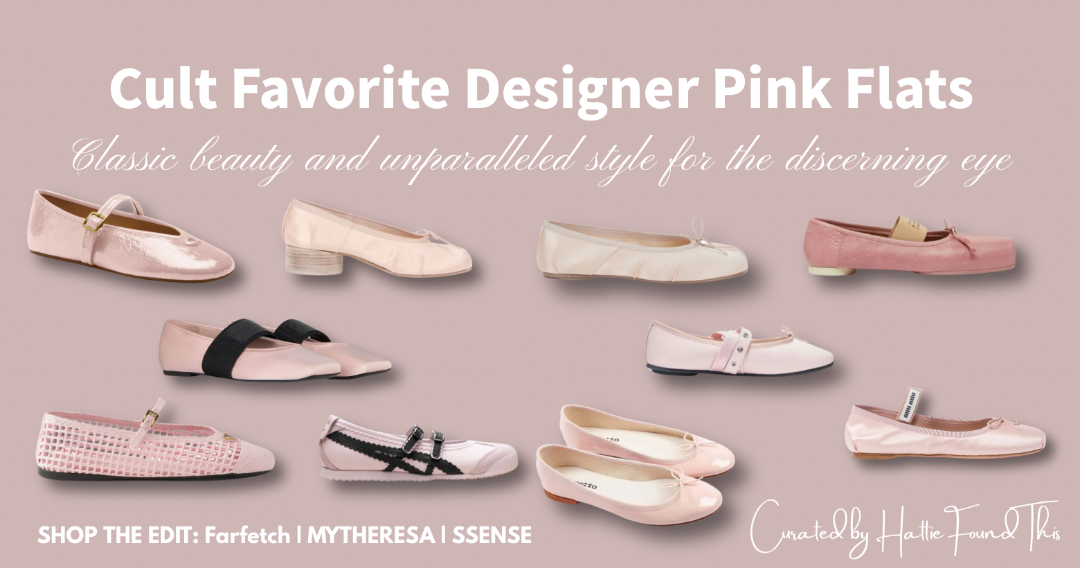 Horizontal banner displaying a collection of cult-favorite designer pink ballet flats, including mesh, satin, and leather styles.