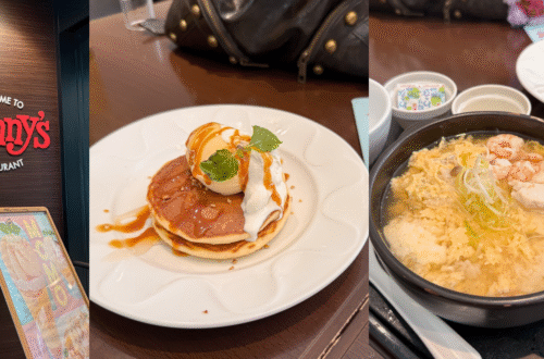 Blog banner collage featuring Denny's Japan restaurant entrance logo, classic caramel pancakes, and a hot bowl of shrimp chicken soup rice.
