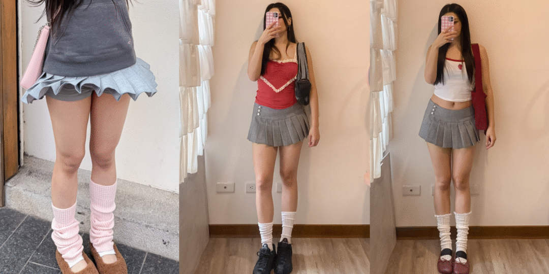 A three-photo collage showcasing different ways to style an I.AM.GIA grey pleated mini skirt for a petite look, including Y2K preppy style with pink slouch socks, a red lace cami top, and a sporty Blokette outfit.
