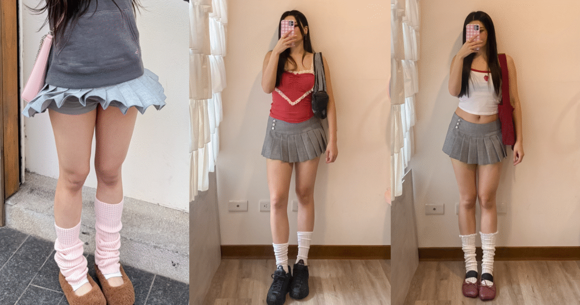 A three-photo collage showcasing different ways to style an I.AM.GIA grey pleated mini skirt for a petite look, including Y2K preppy style with pink slouch socks, a red lace cami top, and a sporty Blokette outfit.