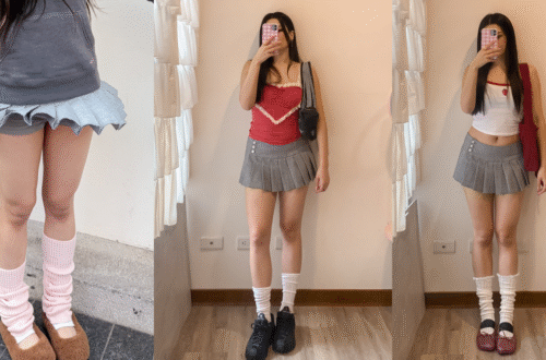 A three-photo collage showcasing different ways to style an I.AM.GIA grey pleated mini skirt for a petite look, including Y2K preppy style with pink slouch socks, a red lace cami top, and a sporty Blokette outfit.