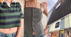 Tokyo Shopping: 20 Items for $160 at GU Ginza Flagship? 🛍️✨ A collage cover photo for a GU Japan shopping haul and try-on review, featuring a green striped cropped polo, a grey tailored suit vest, and the exterior of the massive GU Ginza flagship store in Tokyo.