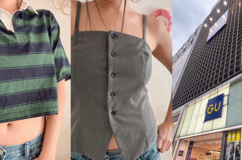 A collage cover photo for a GU Japan shopping haul and try-on review, featuring a green striped cropped polo, a grey tailored suit vest, and the exterior of the massive GU Ginza flagship store in Tokyo.