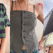 A collage cover photo for a GU Japan shopping haul and try-on review, featuring a green striped cropped polo, a grey tailored suit vest, and the exterior of the massive GU Ginza flagship store in Tokyo.