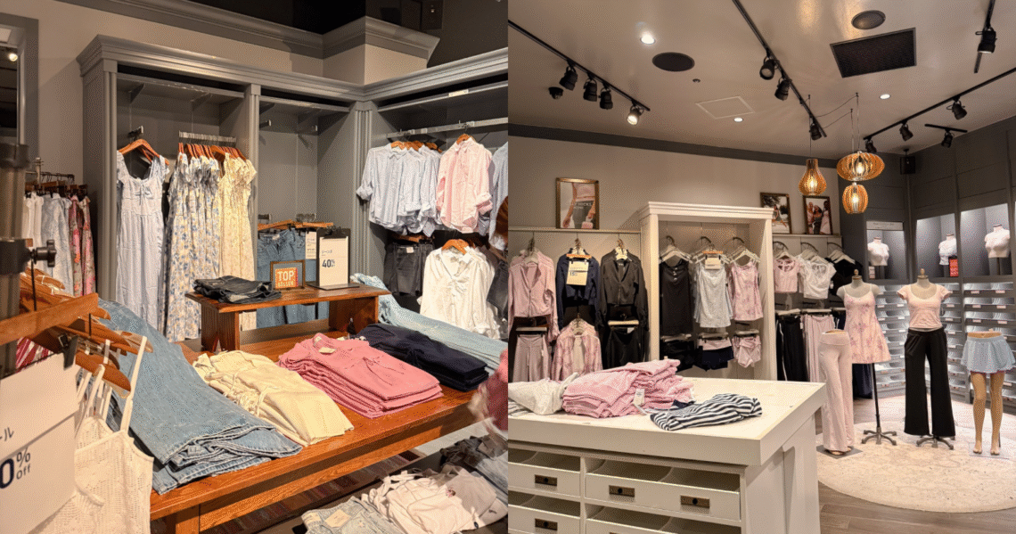 A side-by-side photo collage showing the interior of the Hollister store at DiverCity Tokyo Plaza, featuring classic casual women's dresses and denim on the left, and the Gilly Hicks activewear section with pastel pink workout outfits on the right.