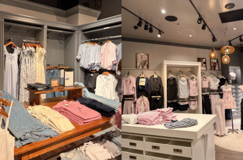 A side-by-side photo collage showing the interior of the Hollister store at DiverCity Tokyo Plaza, featuring classic casual women's dresses and denim on the left, and the Gilly Hicks activewear section with pastel pink workout outfits on the right.