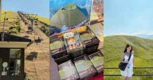 A travel collage of Mount Omuro in Izu, Japan, featuring the open-air chairlift, matcha mountain souvenir boxes, and a traveler posing in front of the green volcanic crater.