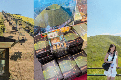 A travel collage of Mount Omuro in Izu, Japan, featuring the open-air chairlift, matcha mountain souvenir boxes, and a traveler posing in front of the green volcanic crater.