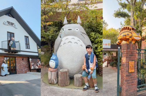 Collage showing the Teddy Bear Factory building, a big Totoro statue in the garden, and the welcome Catbus entrance.