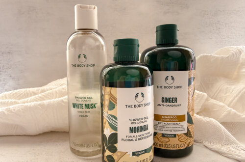 The Body Shop 夏日香氛沐浴乳推薦與防掉髮薑根洗髮精推薦,三款熱門洗沐產品大合照。