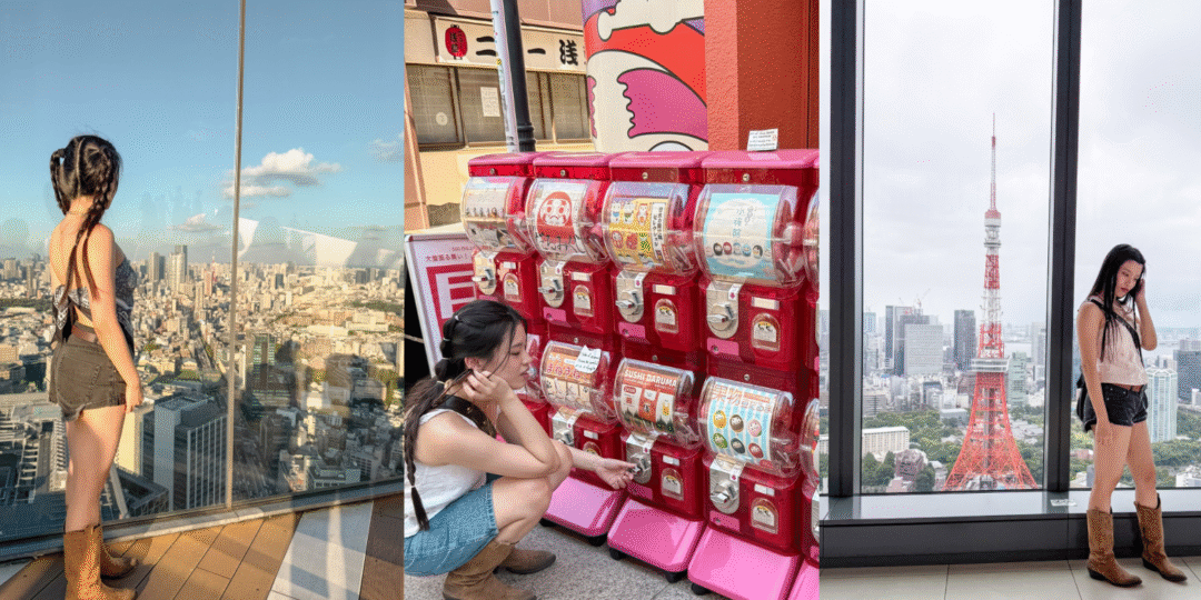 Ultimate Tokyo itinerary and travel guide: best things to do and instagrammable photo spots, featuring Shibuya Sky observation deck, colorful Japanese gachapon machines, and iconic Tokyo Tower window views.