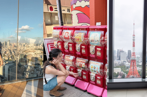 Ultimate Tokyo itinerary and travel guide: best things to do and instagrammable photo spots, featuring Shibuya Sky observation deck, colorful Japanese gachapon machines, and iconic Tokyo Tower window views.