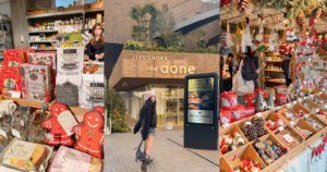 A photo collage of a holiday shopping trip in Jiyugaoka, Tokyo, featuring festive Christmas gifts, a woman posing outside the Jiyugaoka de aone shopping complex, and a display of wooden ornaments.