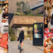 A photo collage of a holiday shopping trip in Jiyugaoka, Tokyo, featuring festive Christmas gifts, a woman posing outside the Jiyugaoka de aone shopping complex, and a display of wooden ornaments.