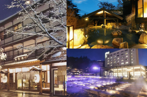Collage of a traditional wooden ryokan covered in snow, a relaxing outdoor hot spring pool, and the illuminated Yubatake thermal field at night.