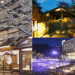 Collage of a traditional wooden ryokan covered in snow, a relaxing outdoor hot spring pool, and the illuminated Yubatake thermal field at night.