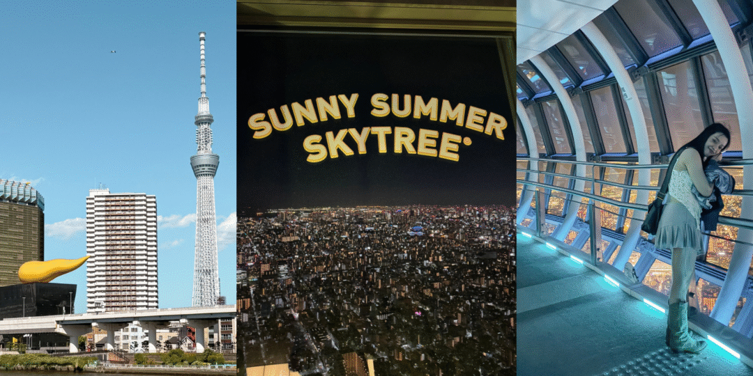 A three-panel photo collage featuring a daytime view of Tokyo Skytree, a panoramic Tokyo night skyline view, and a traveler posing inside the Tembo Galleria corridor.
