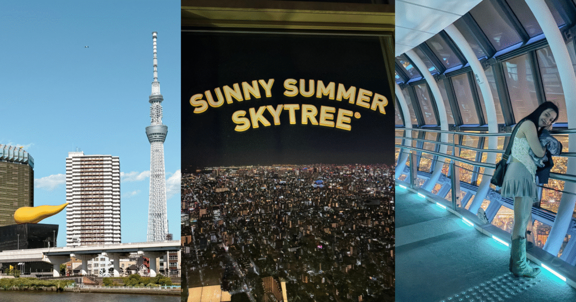 A three-panel photo collage featuring a daytime view of Tokyo Skytree, a panoramic Tokyo night skyline view, and a traveler posing inside the Tembo Galleria corridor.