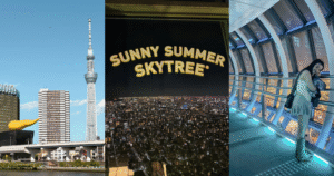 The Ultimate Tokyo Skytree Guide: Tickets & Night Views ✨ A three-panel photo collage featuring a daytime view of Tokyo Skytree, a panoramic Tokyo night skyline view, and a traveler posing inside the Tembo Galleria corridor.