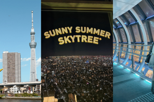A three-panel photo collage featuring a daytime view of Tokyo Skytree, a panoramic Tokyo night skyline view, and a traveler posing inside the Tembo Galleria corridor.