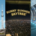 A three-panel photo collage featuring a daytime view of Tokyo Skytree, a panoramic Tokyo night skyline view, and a traveler posing inside the Tembo Galleria corridor.