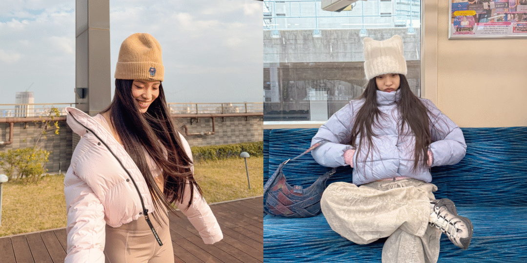 Aritzia Super Puff 麻糬粉（Mochi Pink）鵝絨外套與 Alo Yoga Gold Rush Puffer 冰川藍（Winter Frost）短版麵包外套的 159cm 小個子實穿比較拼圖，對比兩款歐美外套的版型長度與顯白調色。
