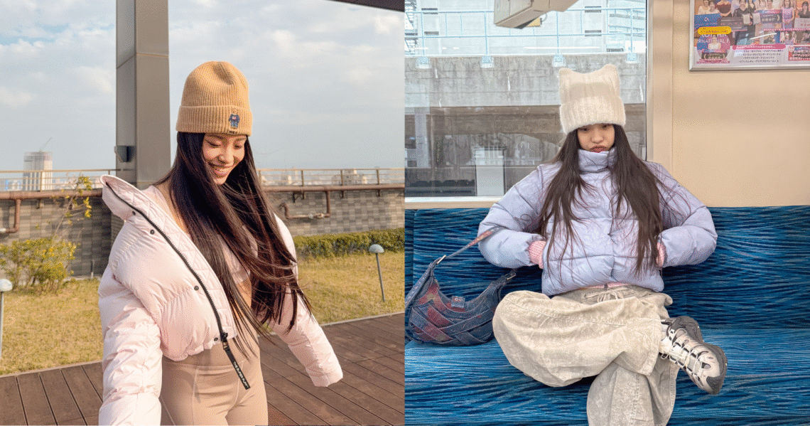 Aritzia Super Puff 麻糬粉（Mochi Pink）鵝絨外套與 Alo Yoga Gold Rush Puffer 冰川藍（Winter Frost）短版麵包外套的 159cm 小個子實穿比較拼圖，對比兩款歐美外套的版型長度與顯白調色。