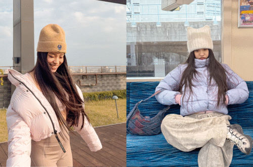 Aritzia Super Puff 麻糬粉（Mochi Pink）鵝絨外套與 Alo Yoga Gold Rush Puffer 冰川藍（Winter Frost）短版麵包外套的 159cm 小個子實穿比較拼圖，對比兩款歐美外套的版型長度與顯白調色。